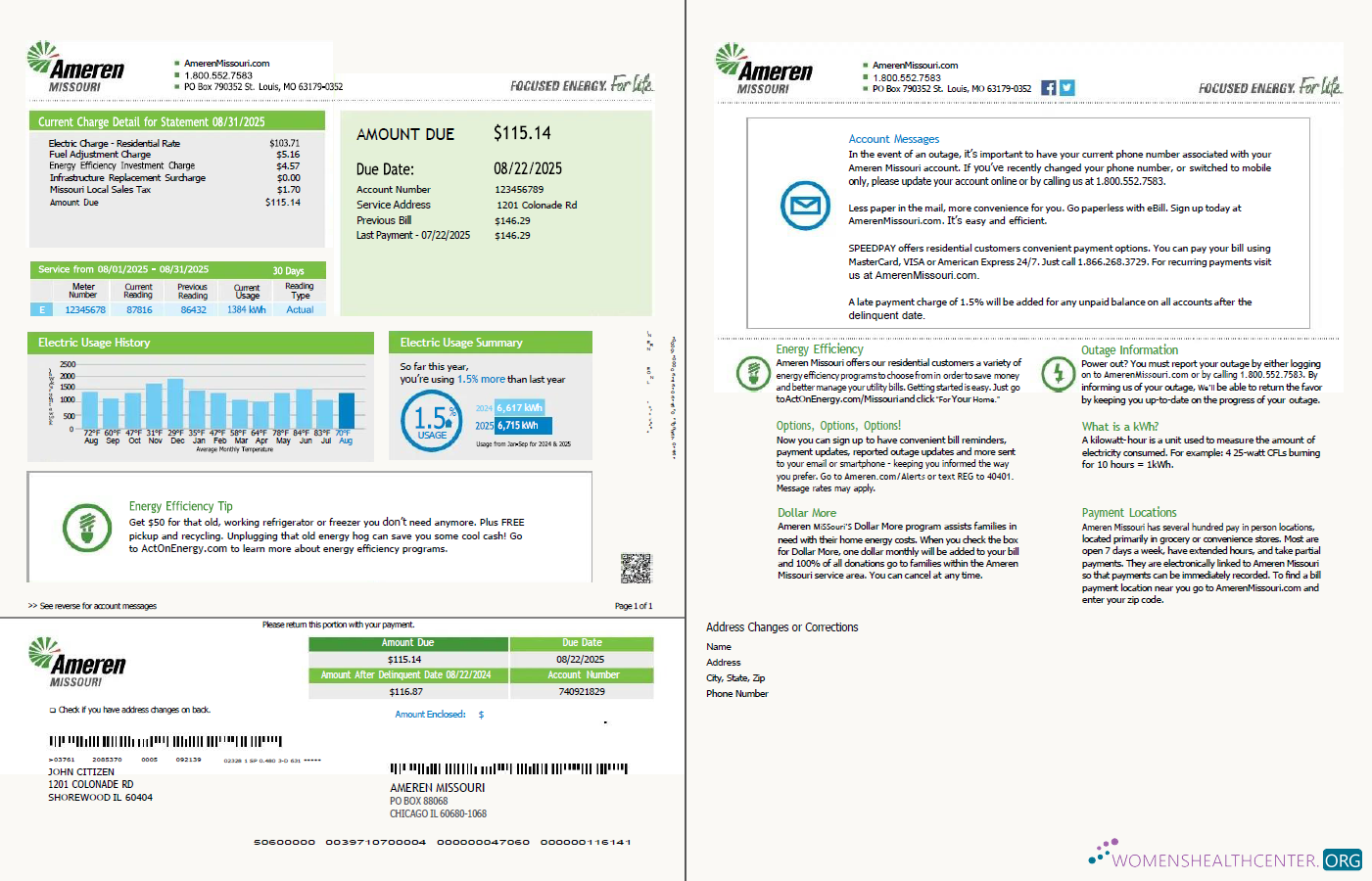 download USA Ameren Missouri utility bill template in Word and PDF formats, 2 pages PDF template